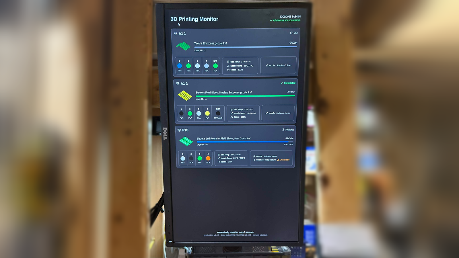 A screen showing a status monitor for a 3D Printing farm. Each printer is labeled with its name, the current filament loaded, and the print progress, where applicable.