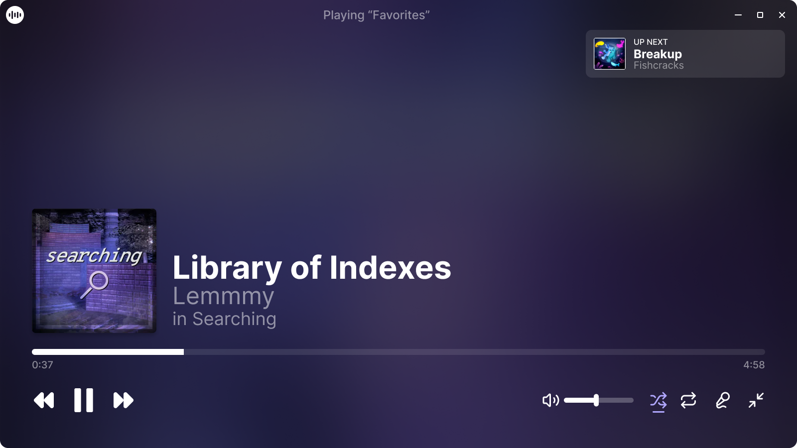 A screen showcasing the current playing song, Antithesis by Lemmmy, on a music app.