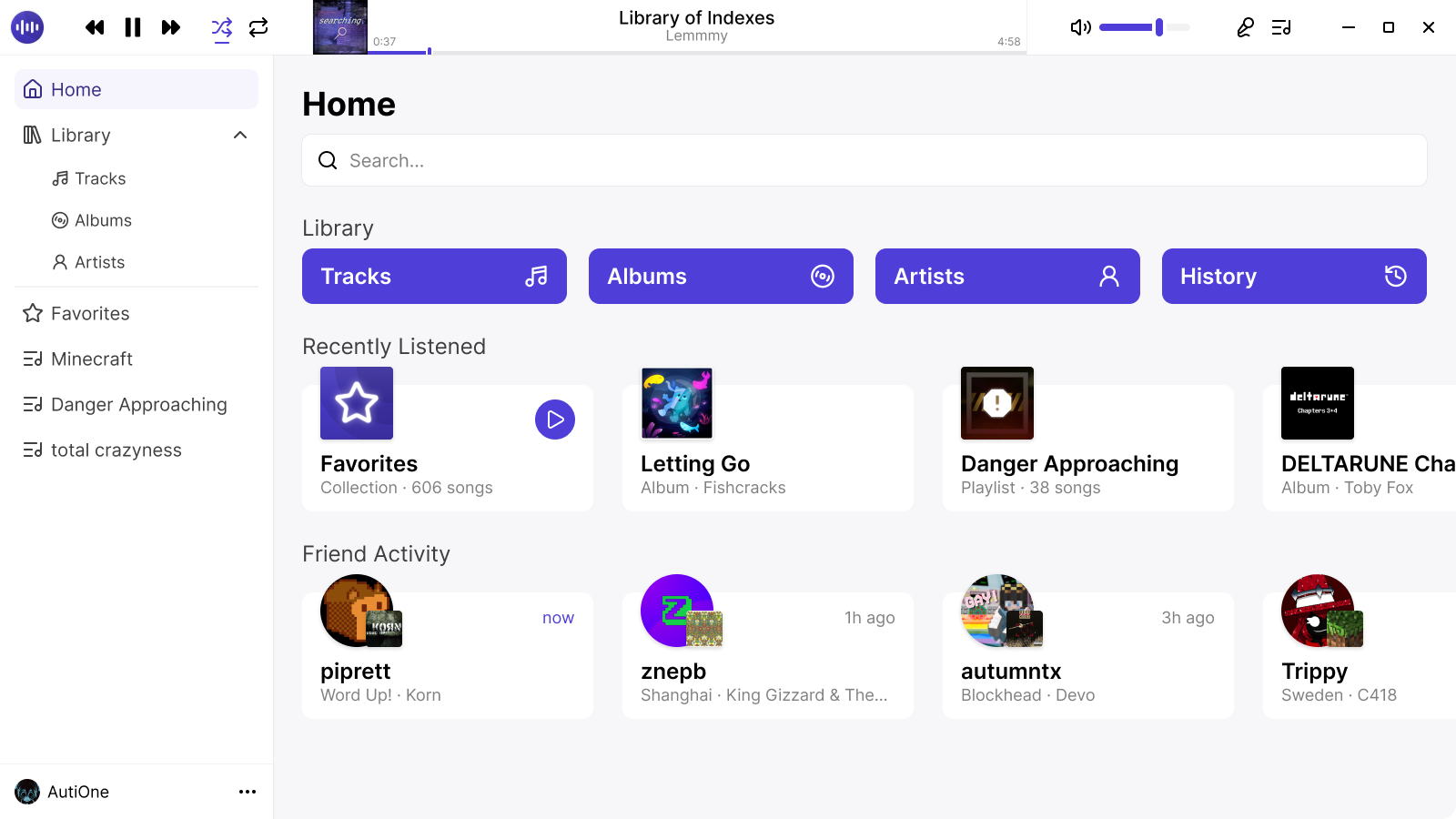 A home page of a music app. It features the currently playing song at the top of the screen, the user's recently listened songs, friend activites, and the user's library.