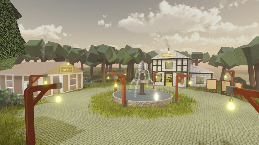 The spawn area for Caverns, featuring some lanterns, a large building, a small building, and a small fountain.