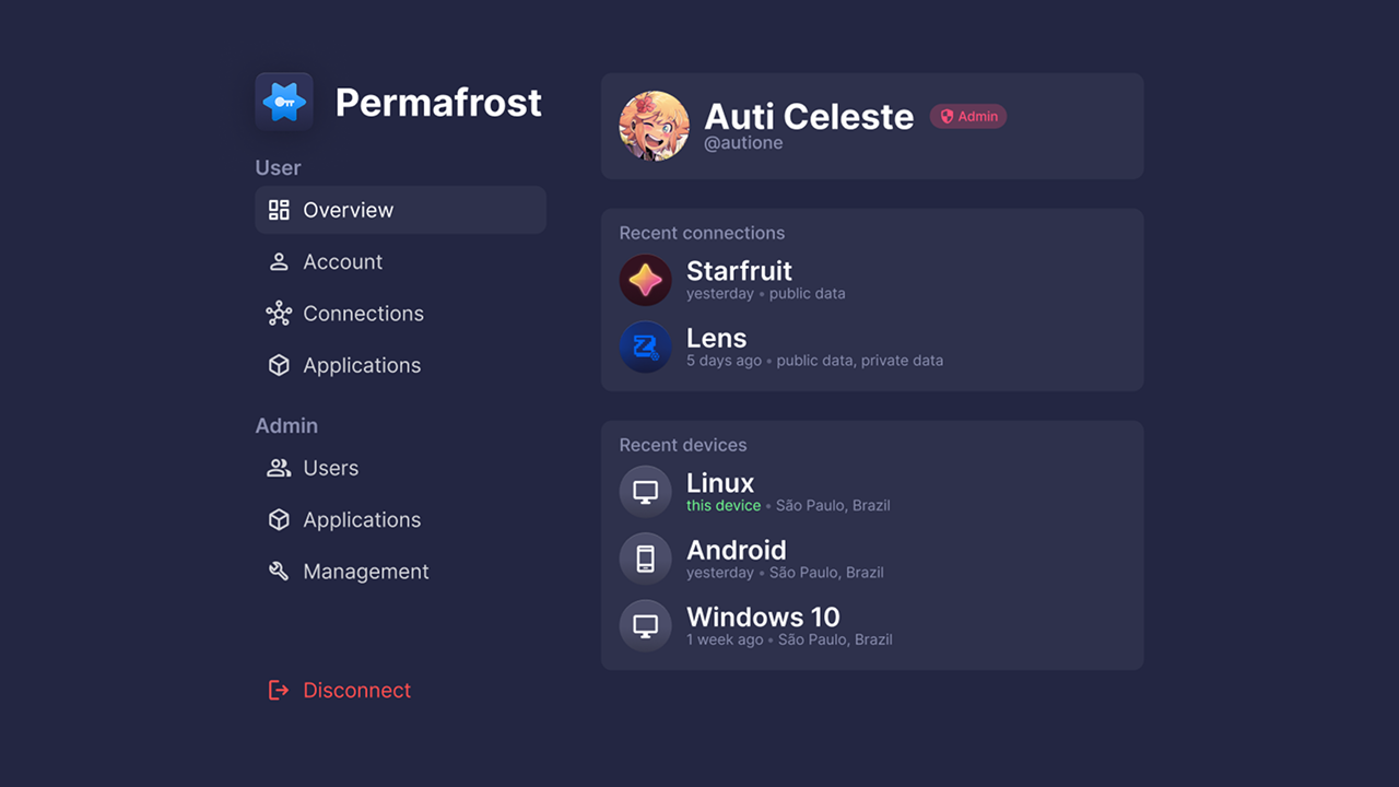 The home page of the Permafrost application. It features the current logged in user's name, the user's recent connections, and their recent devices. On the left is a navigation menu.
