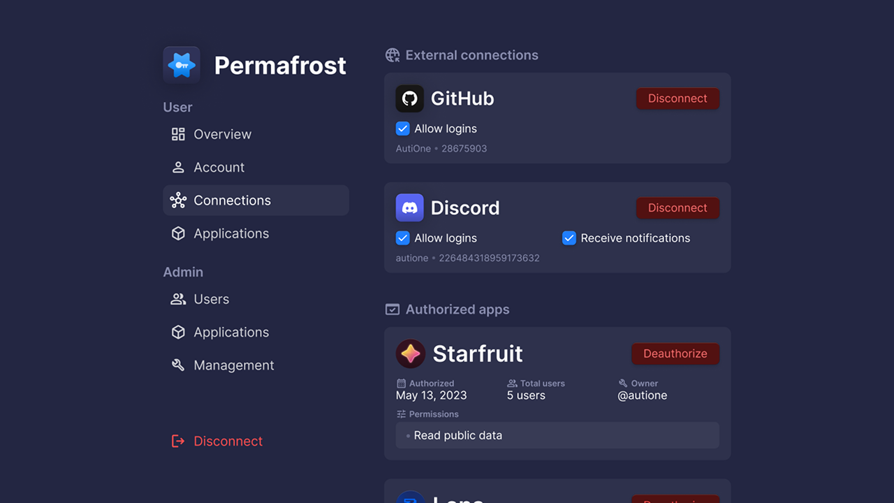 The "Connections" menu, featuring the user's external connections, and authorized apps.