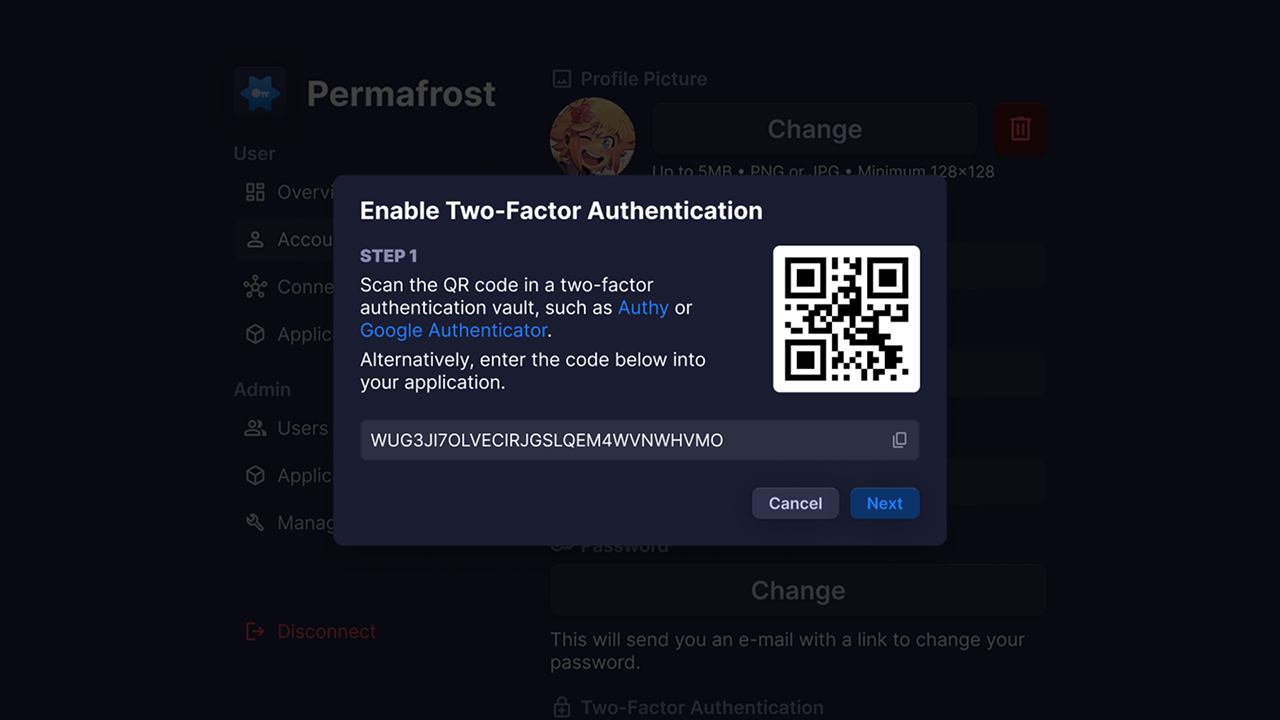A screen prompting the user to set up two-factor authentication.